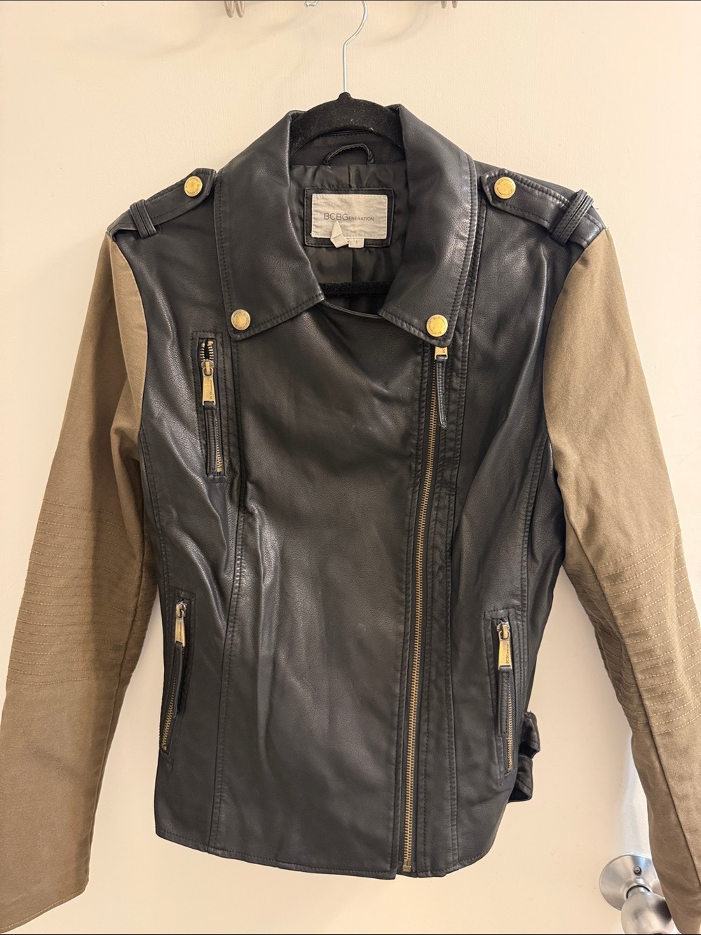 BCBGeneration Black Leather Jacket with Tan Fabric Sleeves